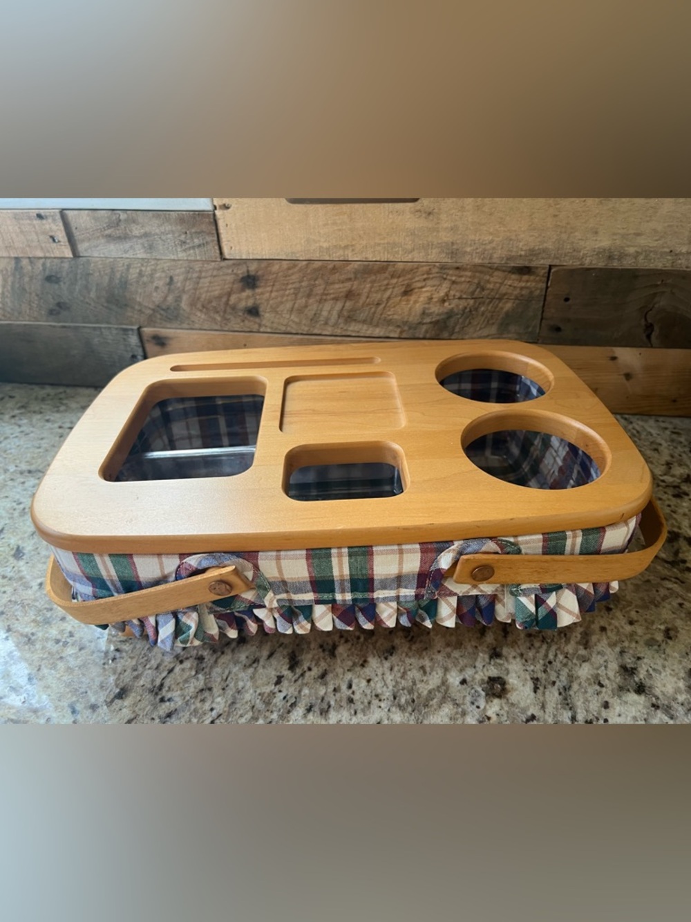 Longaberger Gathering Basket Car Caddy plastic liner, wood lid & fabric liner